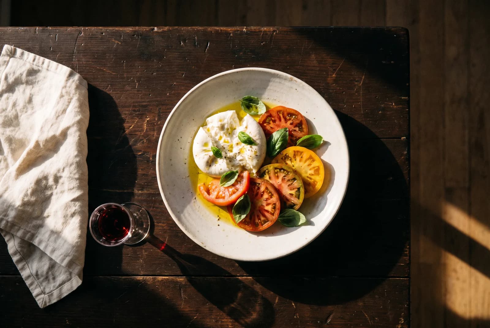 Burrata, ripe tomatoes and basil on a richly coloured ceramic plate