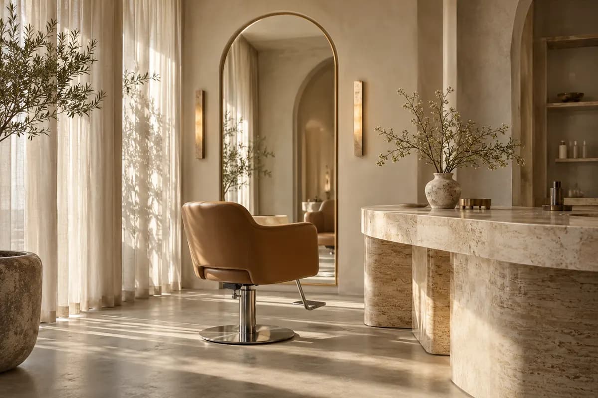 Warm sunlight in an ivory salon with an arched mirror and caramel styling chair