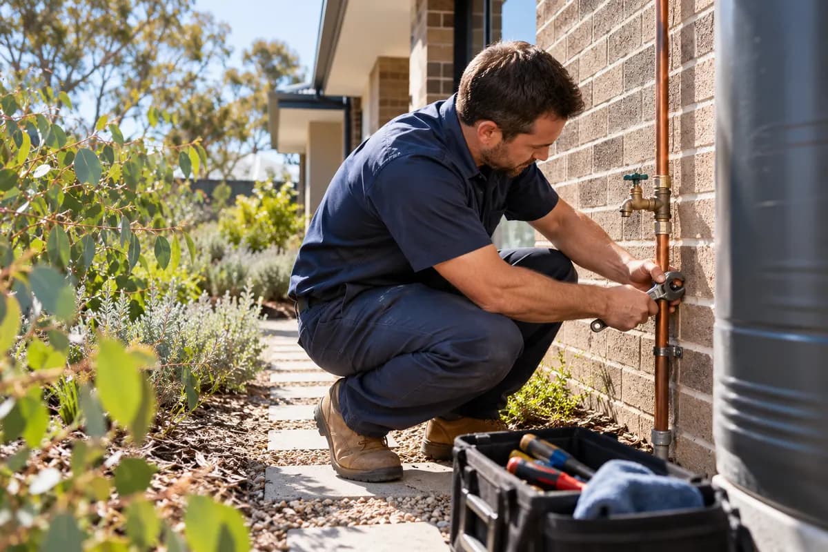 Plumber in navy workwear carefully adjusting an outdoor pipe at a brick home