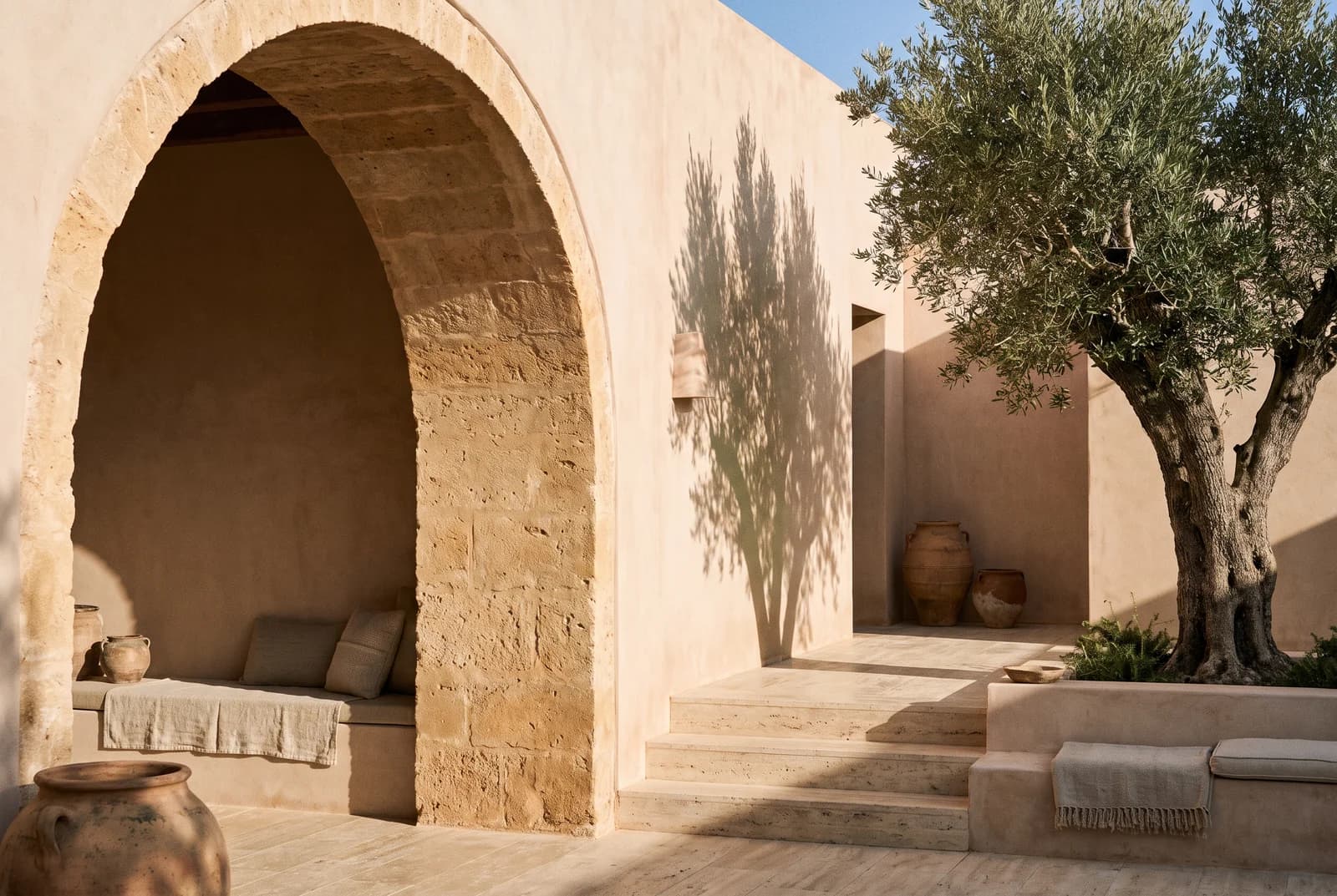 Sunlit sandstone arch and olive tree