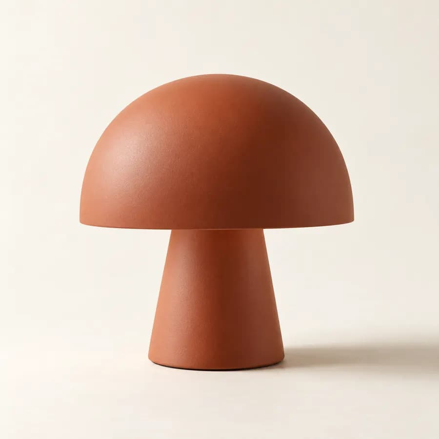 Terracotta mushroom-shaped table lamp on a warm neutral backdrop