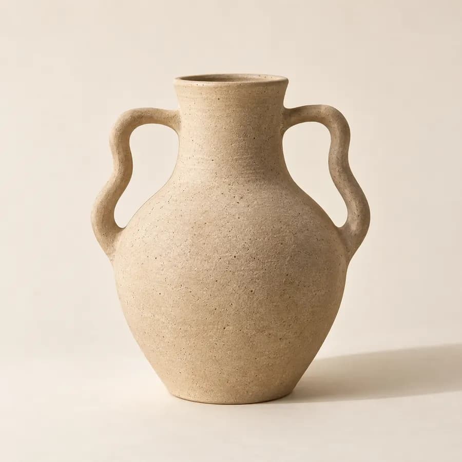 Sculptural sand-coloured stoneware vase with two rounded handles